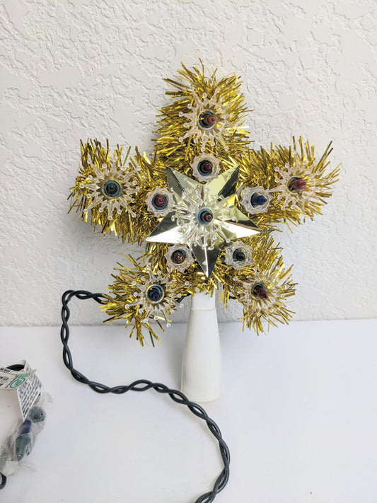 Vintage Light-Up Gold Tinsel Star Christmas Tree Topper