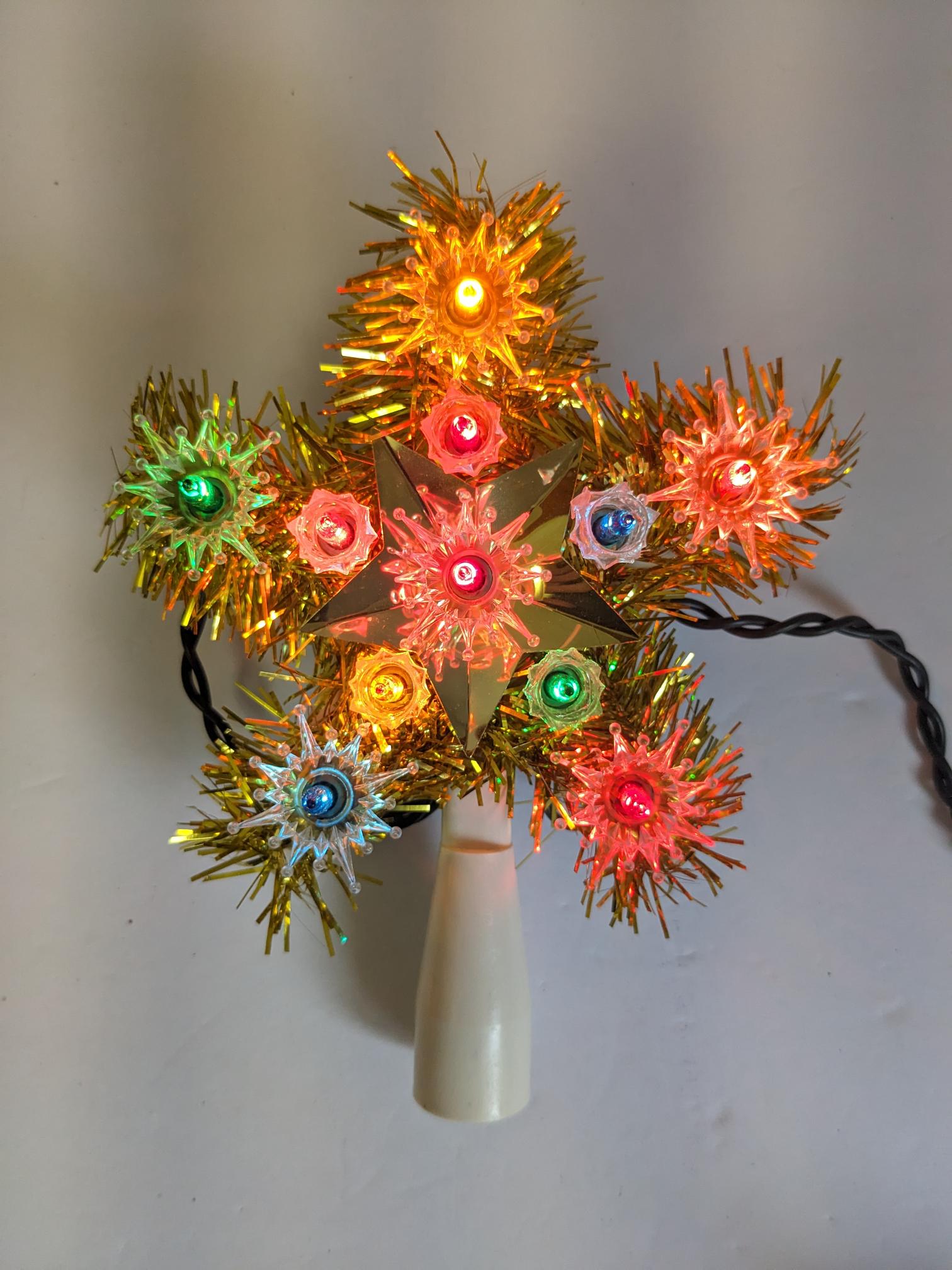 Vintage Light-Up Gold Tinsel Star Christmas Tree Topper