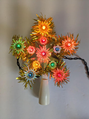 Vintage Light-Up Gold Tinsel Star Christmas Tree Topper