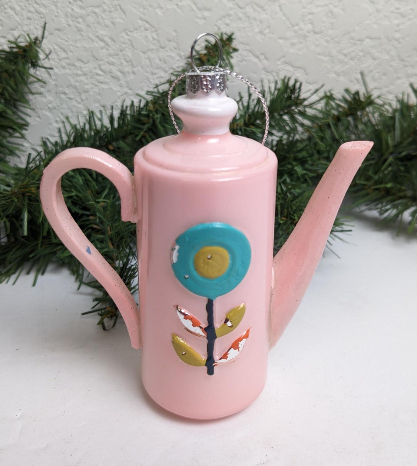 Vintage Pink Coffee Pot Glass Christmas Ornament
