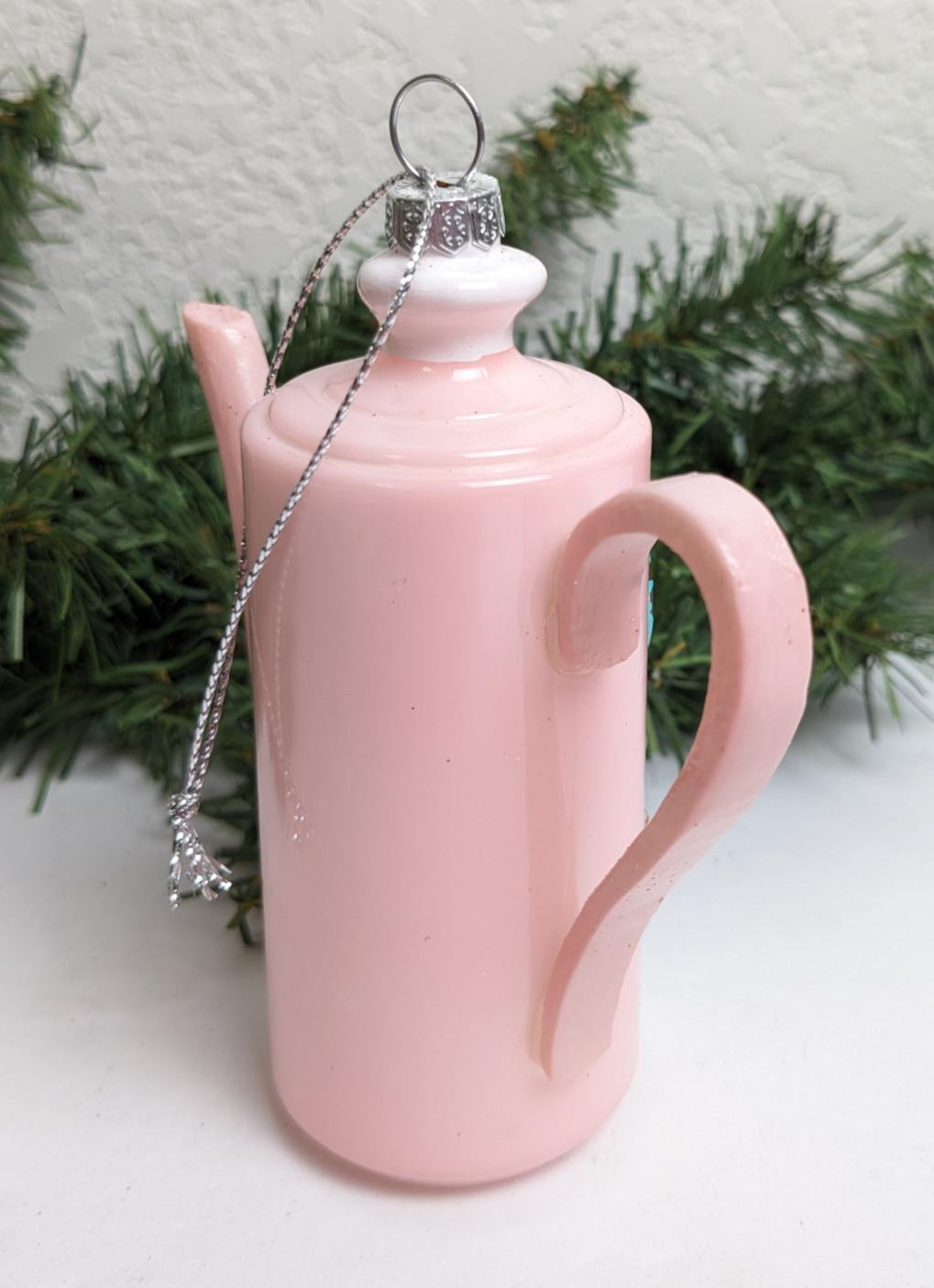 Vintage Pink Coffee Pot Glass Christmas Ornament
