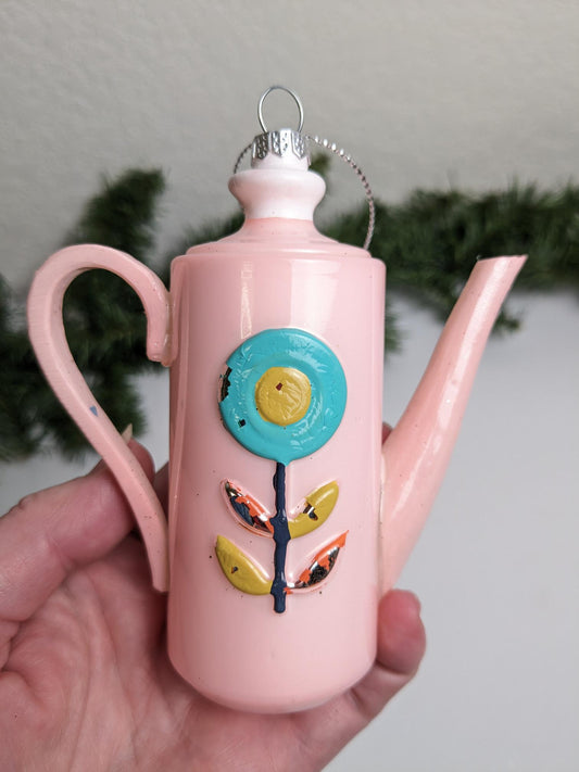 Vintage Pink Coffee Pot Glass Christmas Ornament