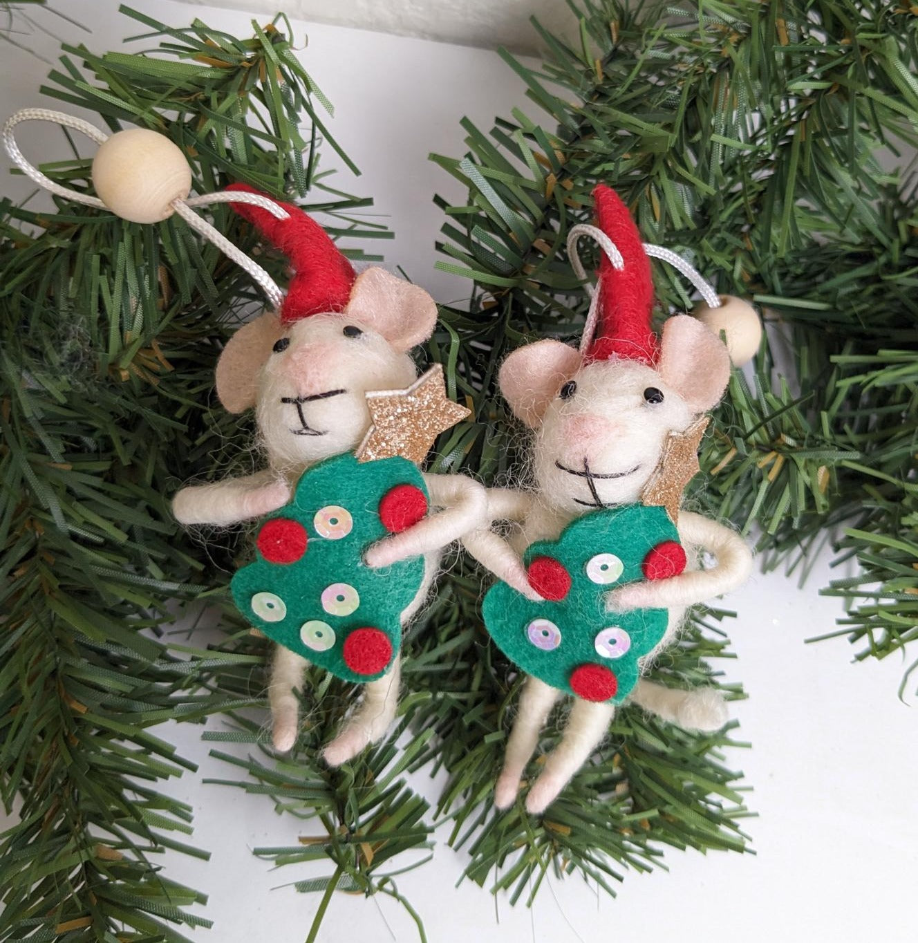 Vintage Felt Mice Christmas Ornament, Set of 2