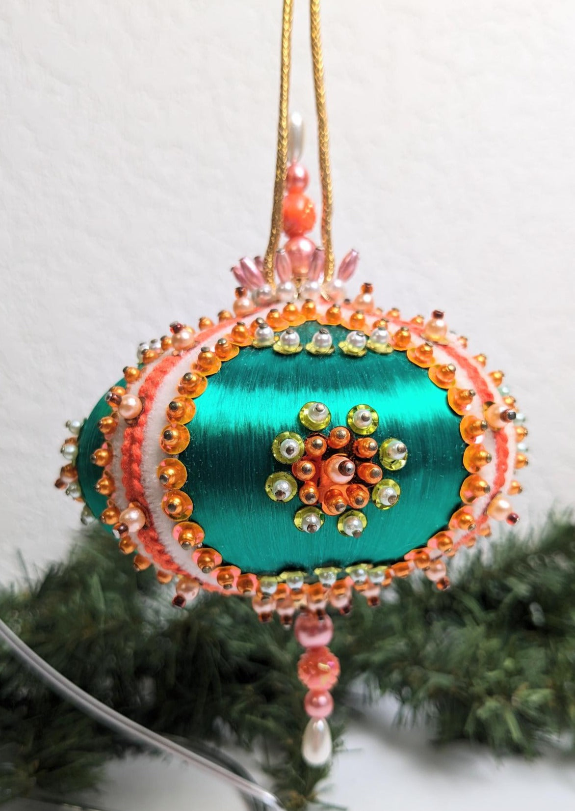 Vintage Green Vintage Beaded Pushpin Christmas Ornament