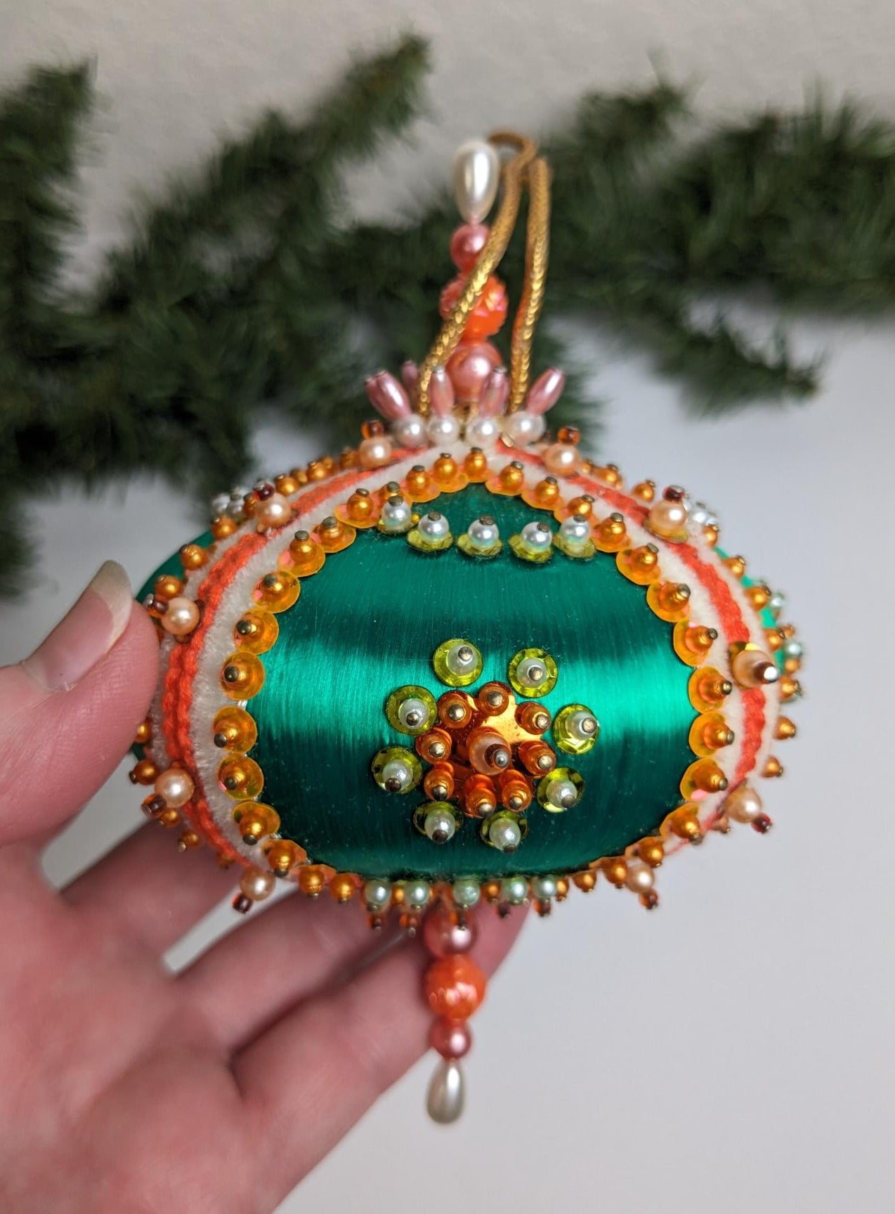 Vintage Green Vintage Beaded Pushpin Christmas Ornament