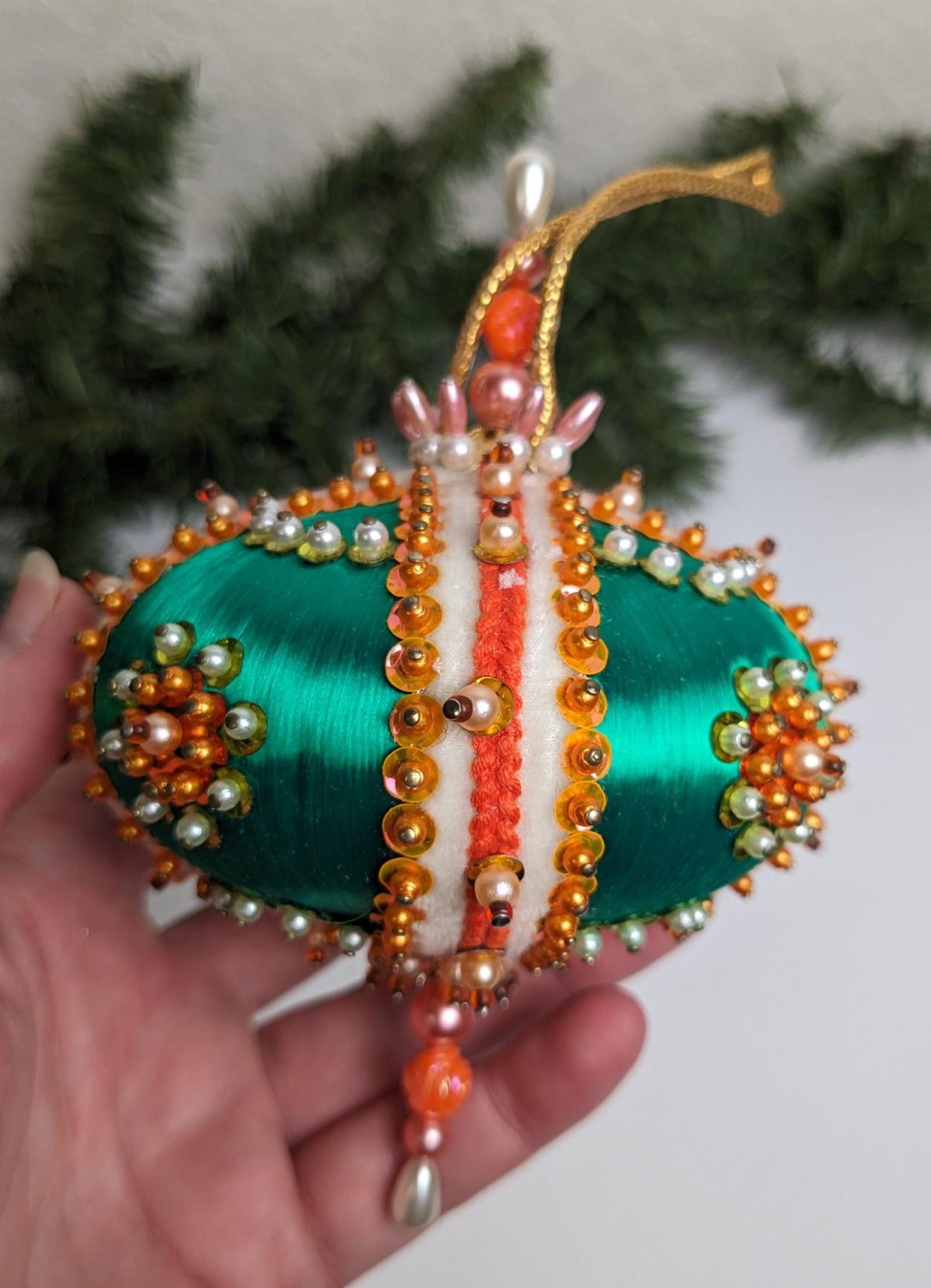 Vintage Green Vintage Beaded Pushpin Christmas Ornament