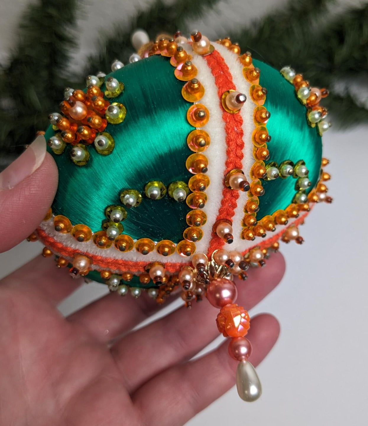 Vintage Green Vintage Beaded Pushpin Christmas Ornament