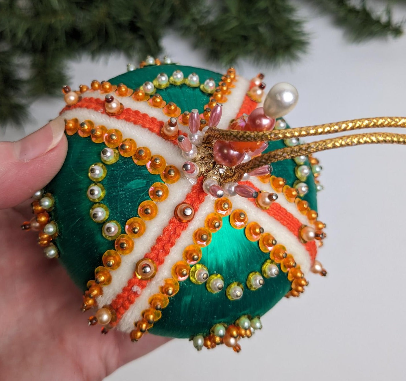 Vintage Green Vintage Beaded Pushpin Christmas Ornament