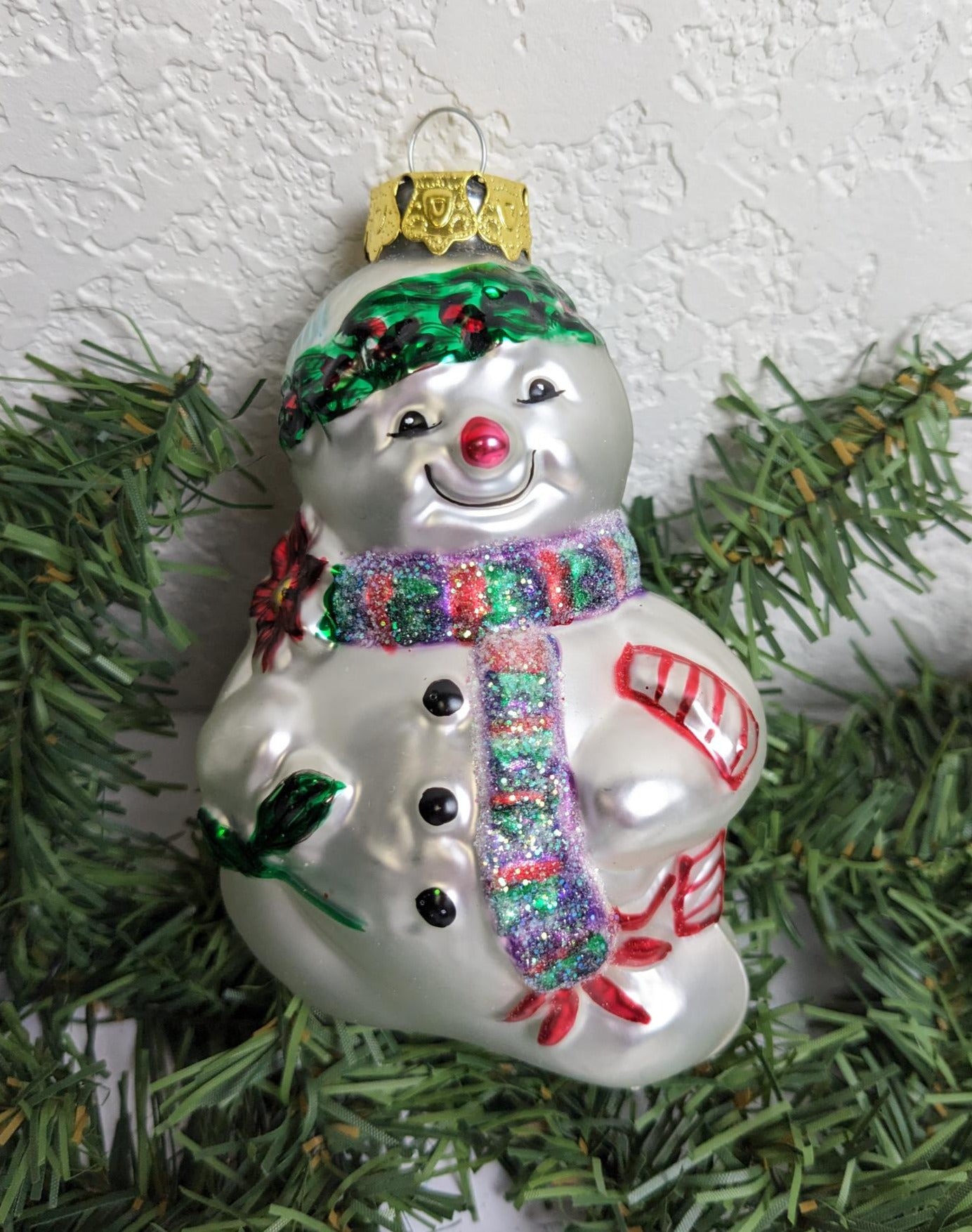 Vintage Smiling Snowman Glass Christmas Ornament