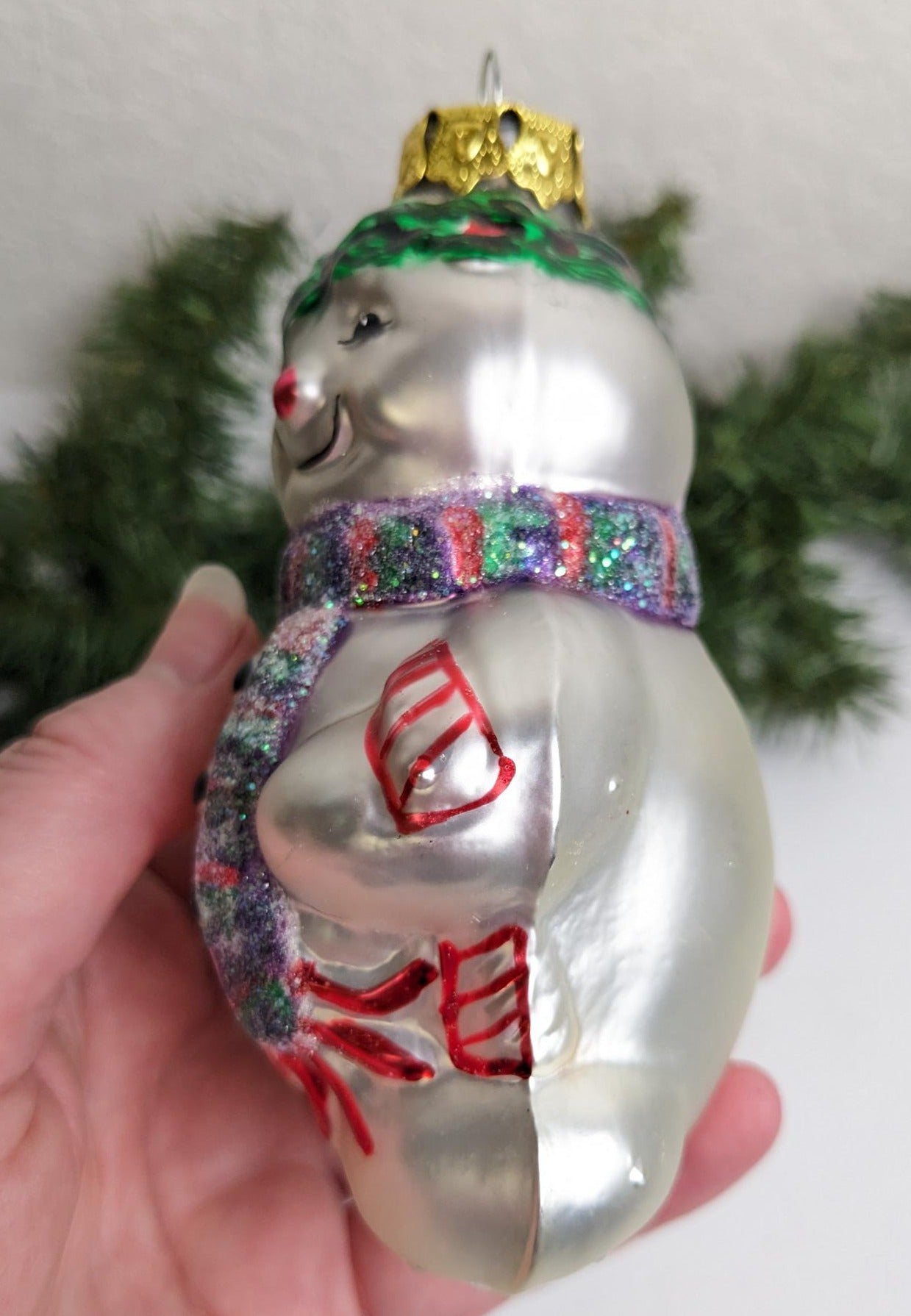 Vintage Smiling Snowman Glass Christmas Ornament