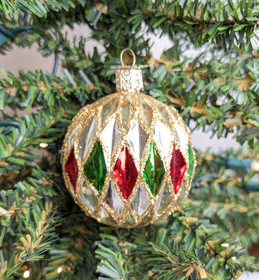 Harlequin Red and Green Glass Ball RETIRED Old World Christmas Ornament