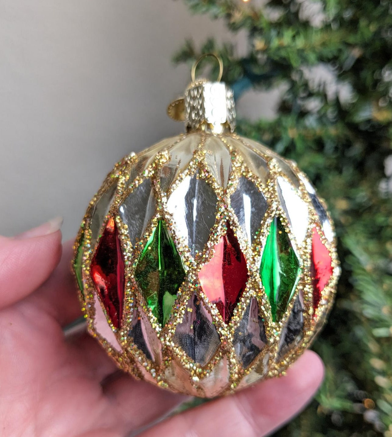 Harlequin Red and Green Glass Ball RETIRED Old World Christmas Ornament