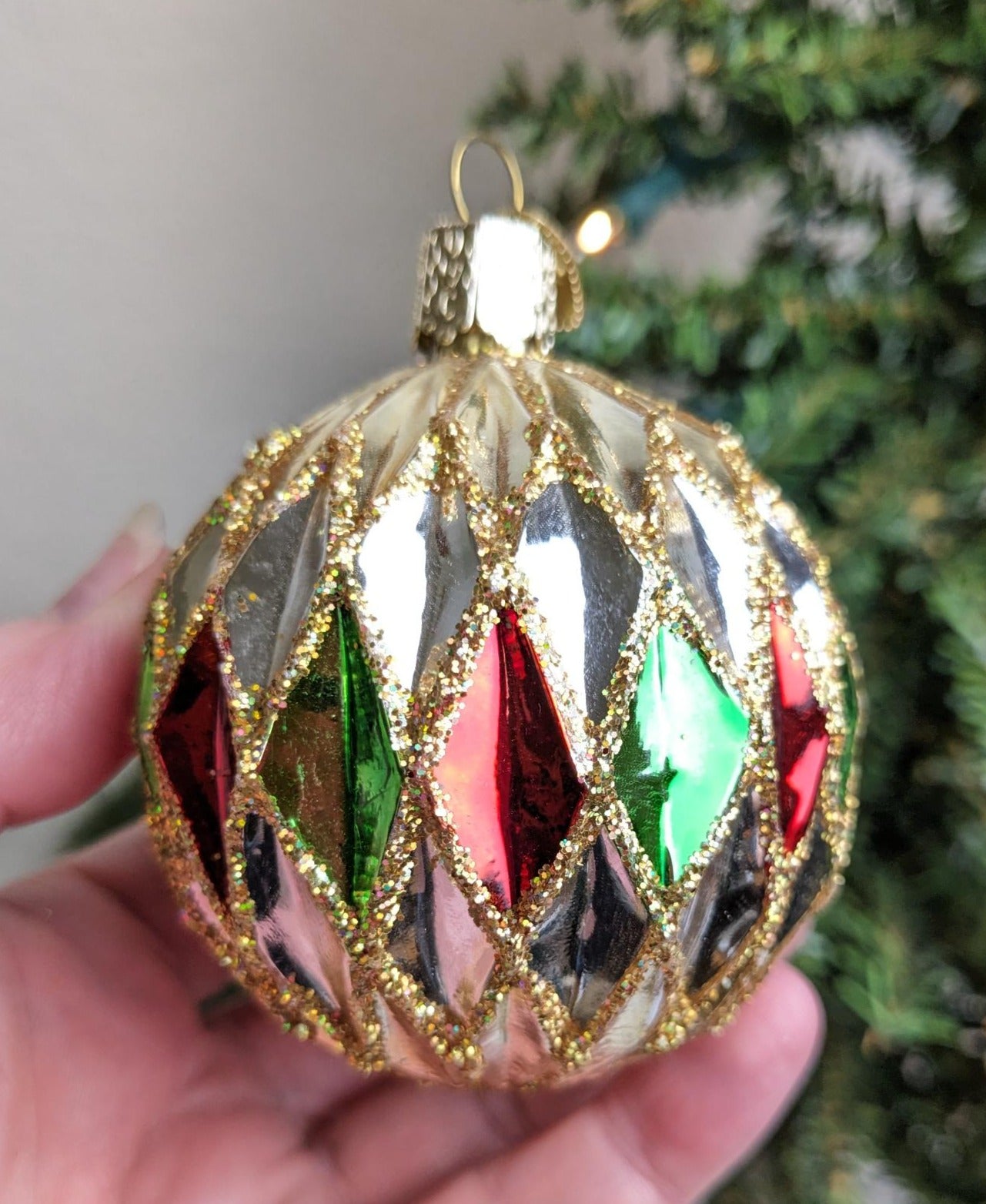 Harlequin Red and Green Glass Ball RETIRED Old World Christmas Ornament