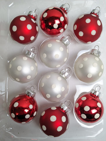 Polka Dot Red and White Glass Christmas Ornaments