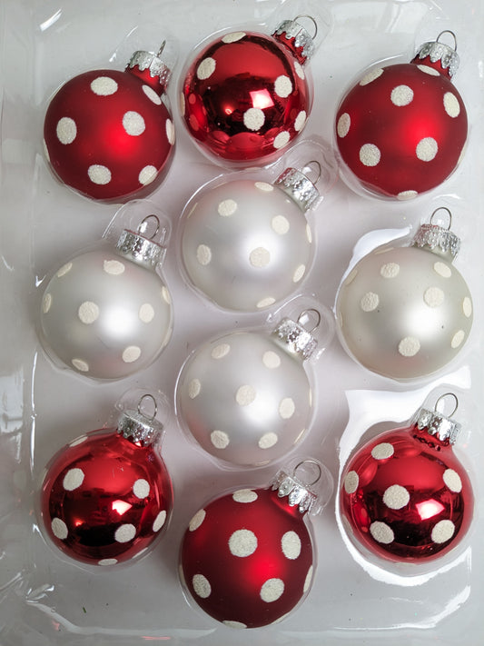 Polka Dot Red and White Glass Christmas Ornaments