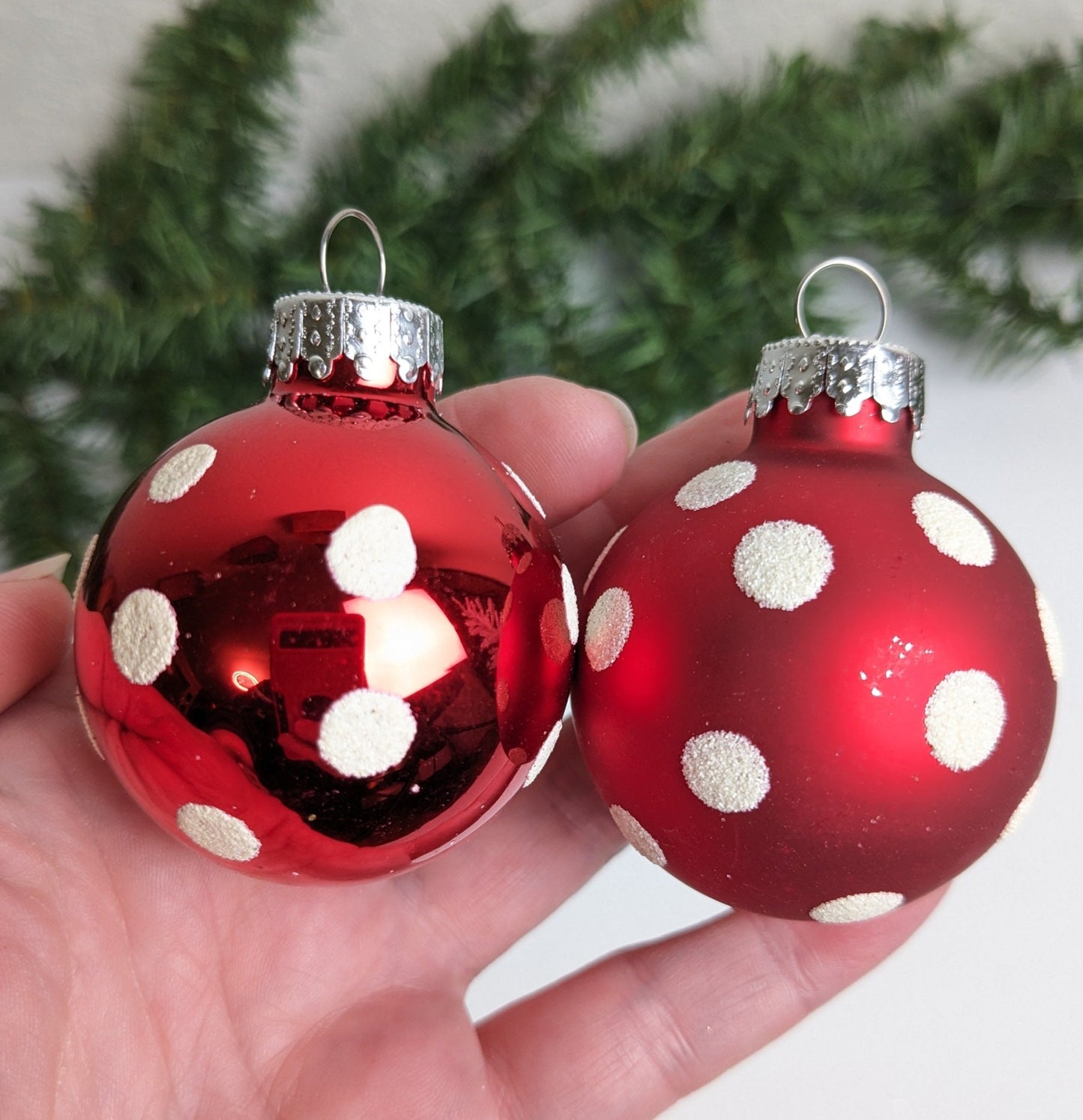 Polka Dot Red and White Glass Christmas Ornaments