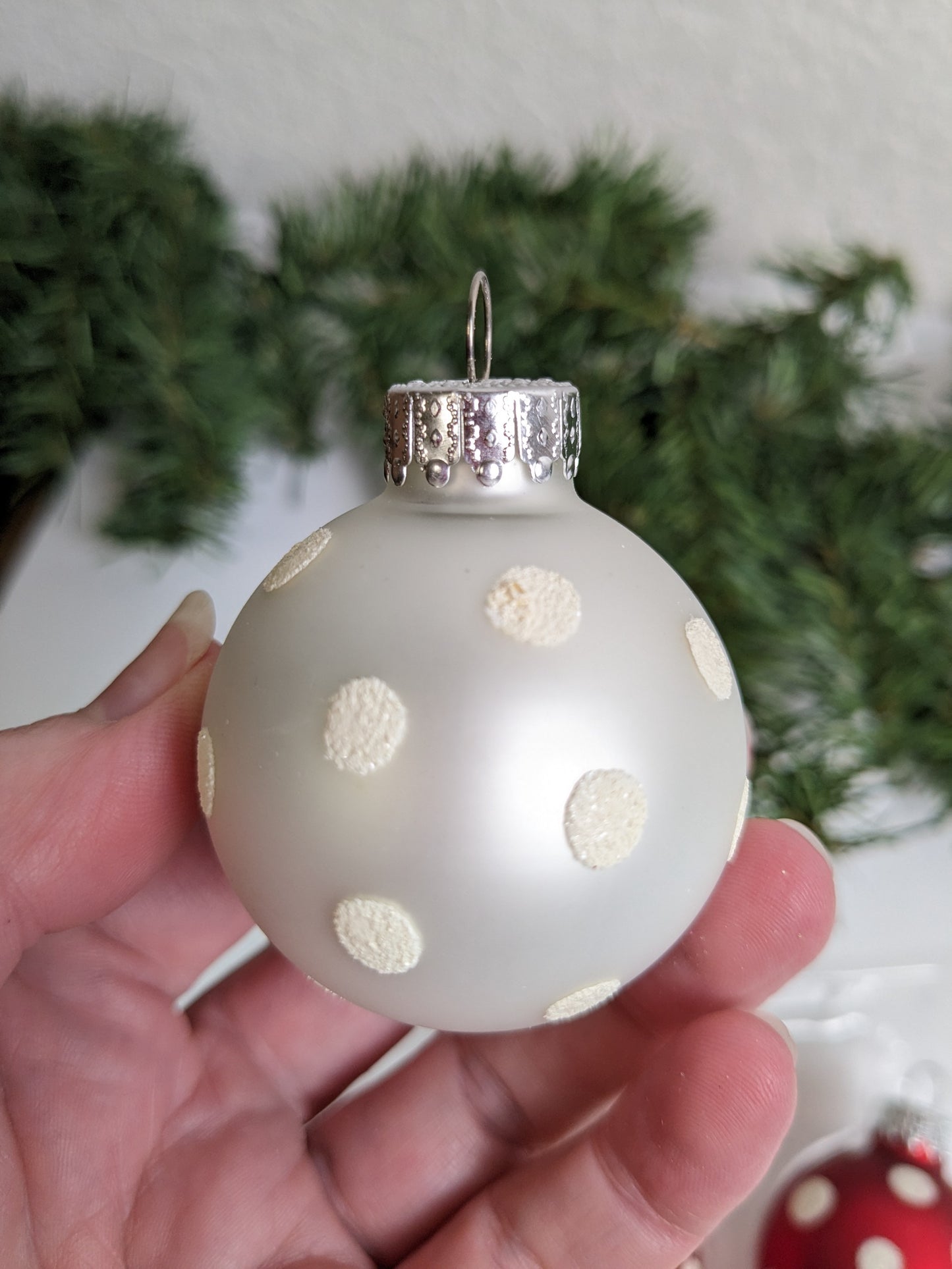 Polka Dot Red and White Glass Christmas Ornaments