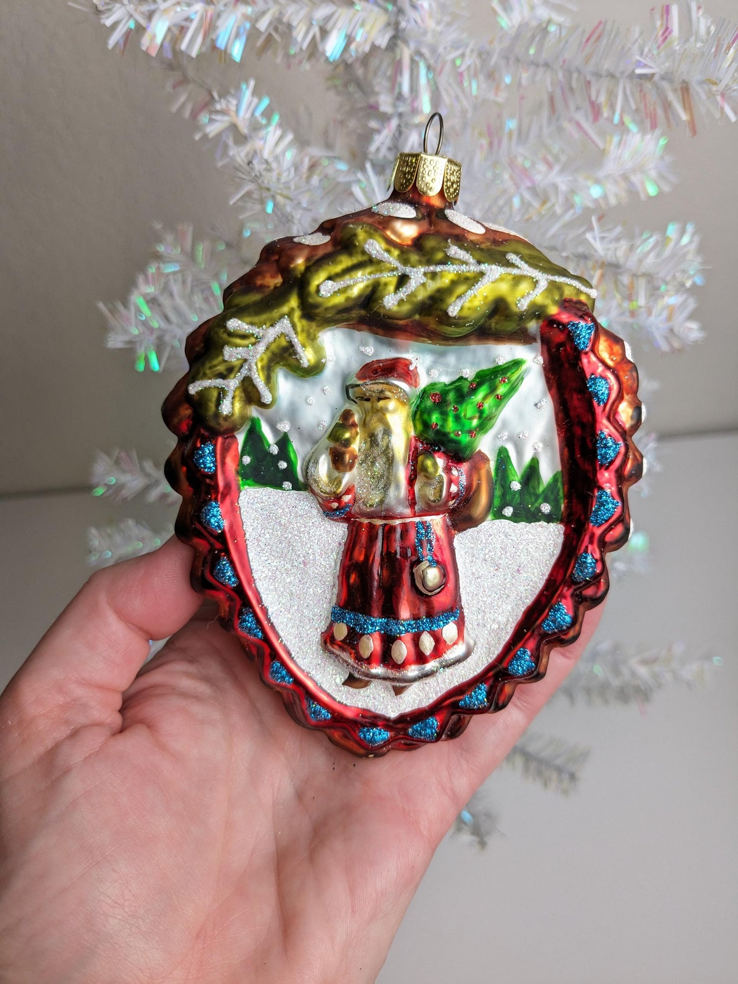 Santa Claus Pinecone Large Glass Christmas Ornament