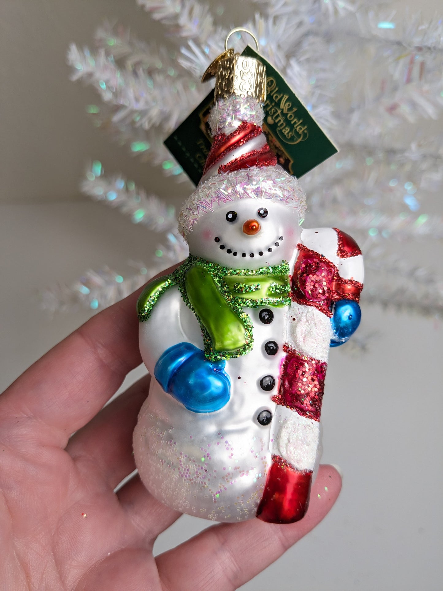 Snowman with Candy Cane Old World Christmas Ornament