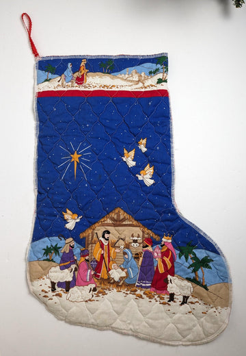 Nativity Hand Crafted Quilted Large Vintage Christmas Stocking