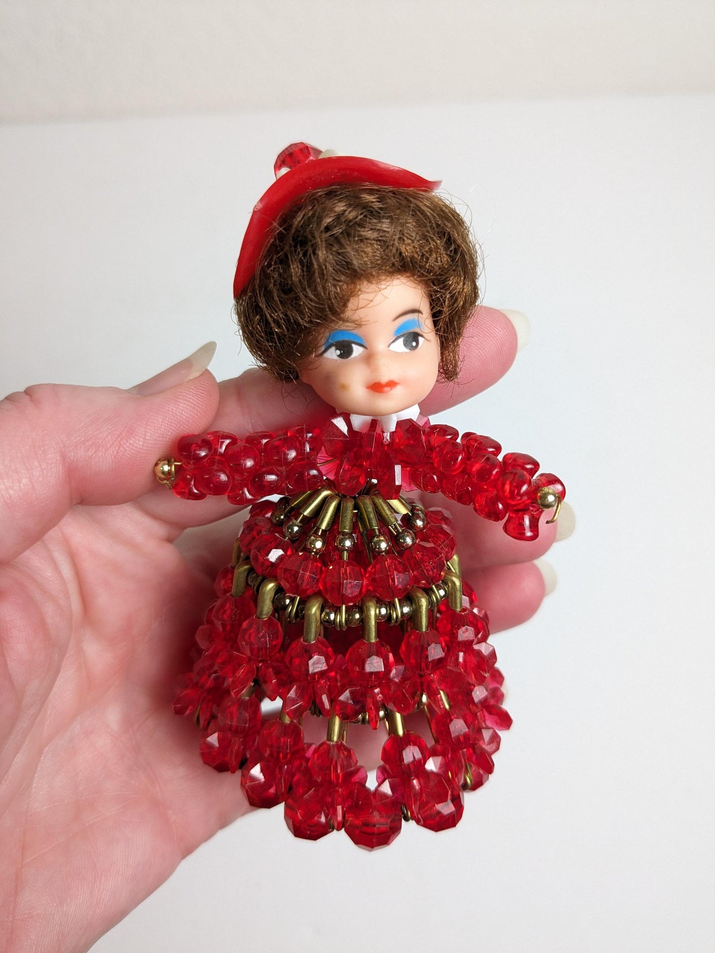 Vintage Red Safety Pin Christmas Doll Ornament