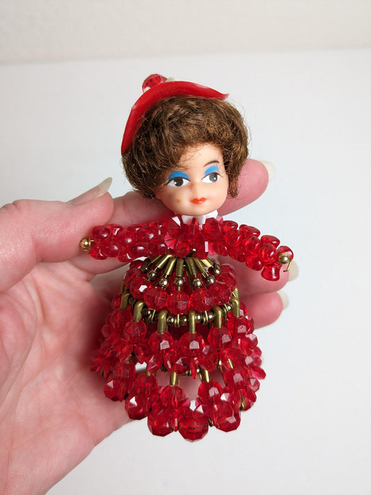 Vintage Red Safety Pin Christmas Doll Ornament