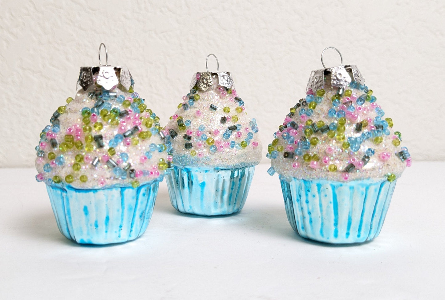 Vintage Set of 3 Glass Cupcake Christmas Ornaments
