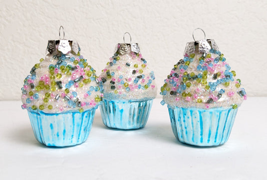 Vintage Set of 3 Glass Cupcake Christmas Ornaments