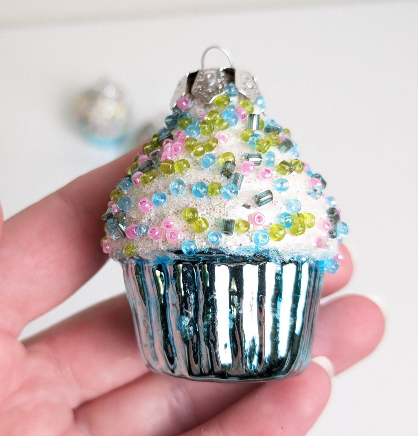 Vintage Set of 3 Glass Cupcake Christmas Ornaments