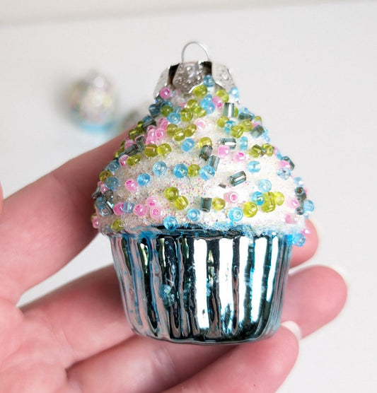 Vintage Set of 3 Glass Cupcake Christmas Ornaments