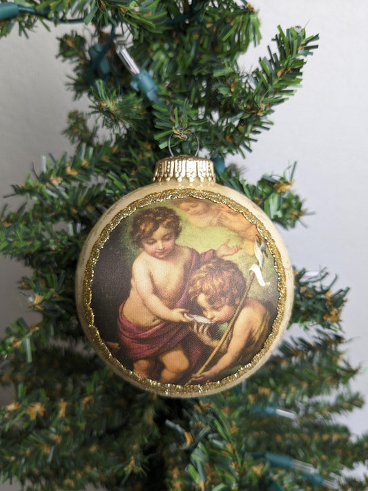 Vintage 1985 Krebs Cherub Angels Masters on Silk Christmas Ornament