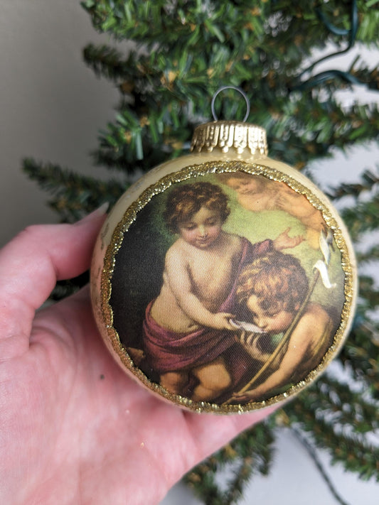 Vintage 1985 Krebs Cherub Angels Masters on Silk Christmas Ornament