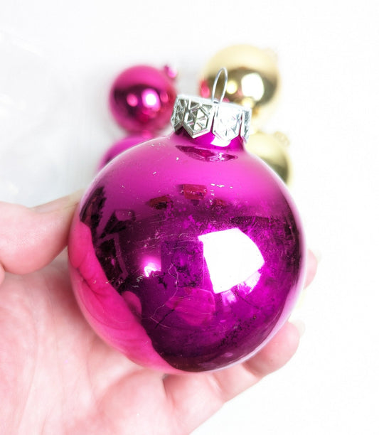 Vintage Hot Pink and Krebs Gold Christmas Ornaments