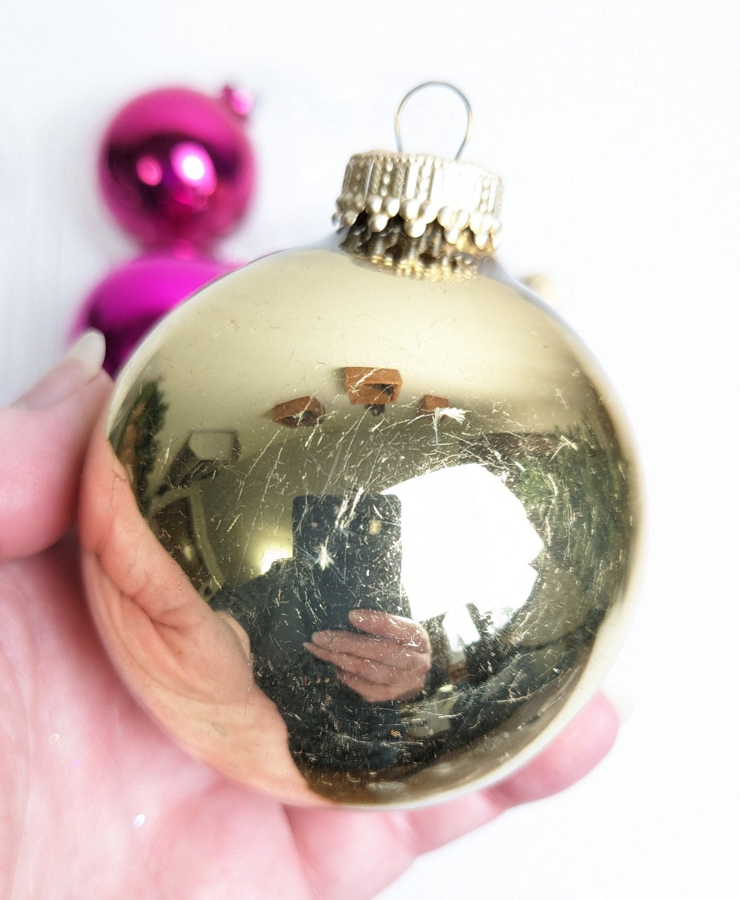 Vintage Hot Pink and Krebs Gold Christmas Ornaments