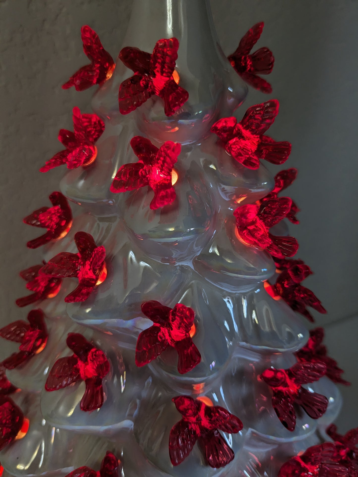 Ceramic Light Up Iridescent White with Red Dove Christmas Tree