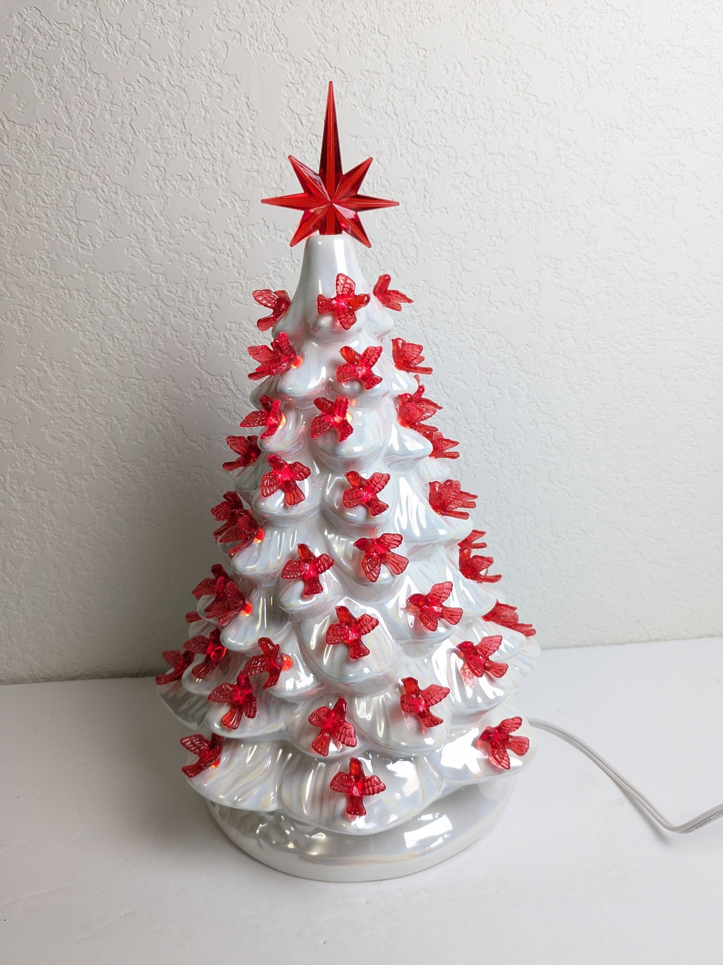 Ceramic Light Up Iridescent White with Red Dove Christmas Tree