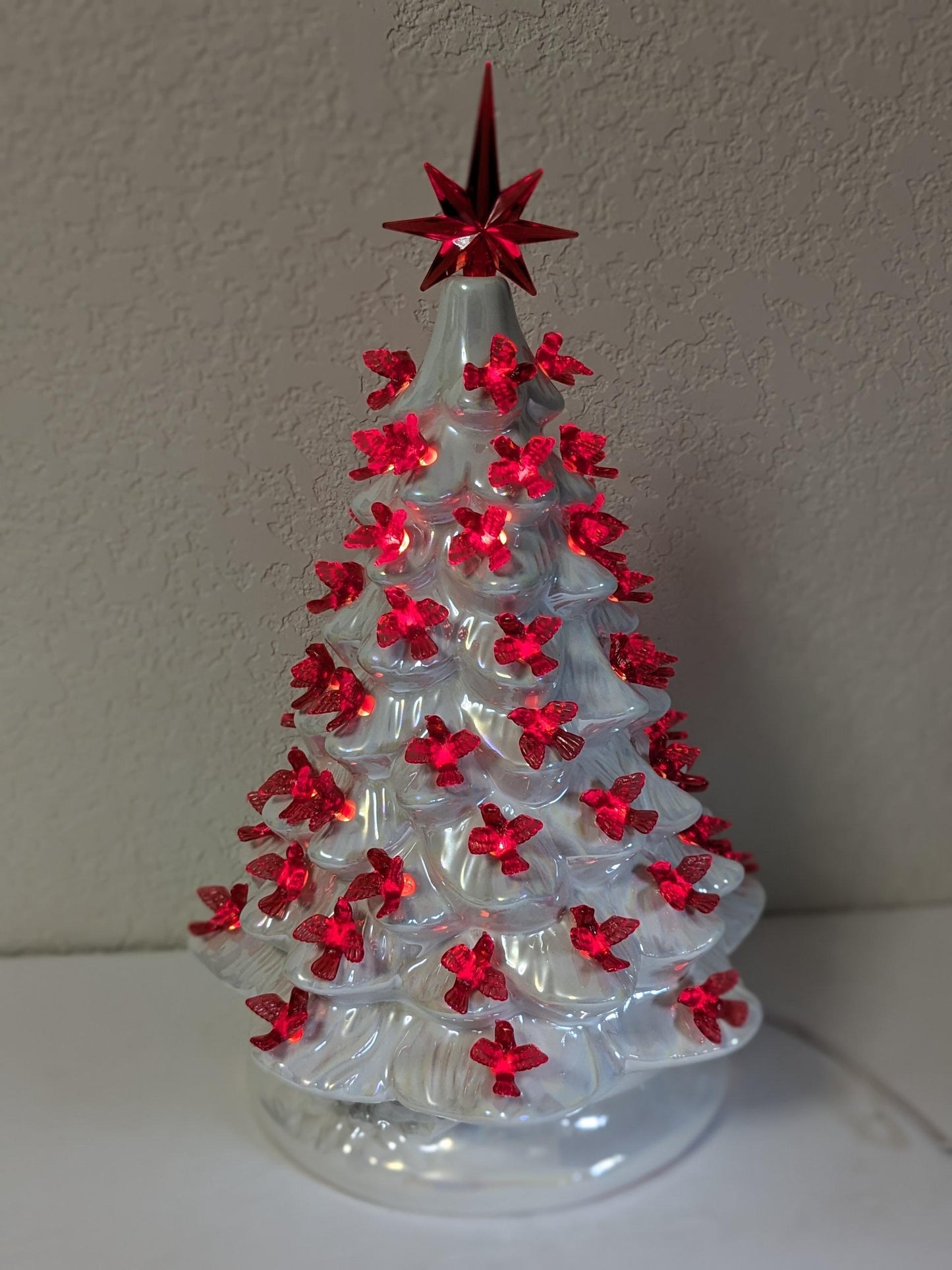 Ceramic Light Up Iridescent White with Red Dove Christmas Tree