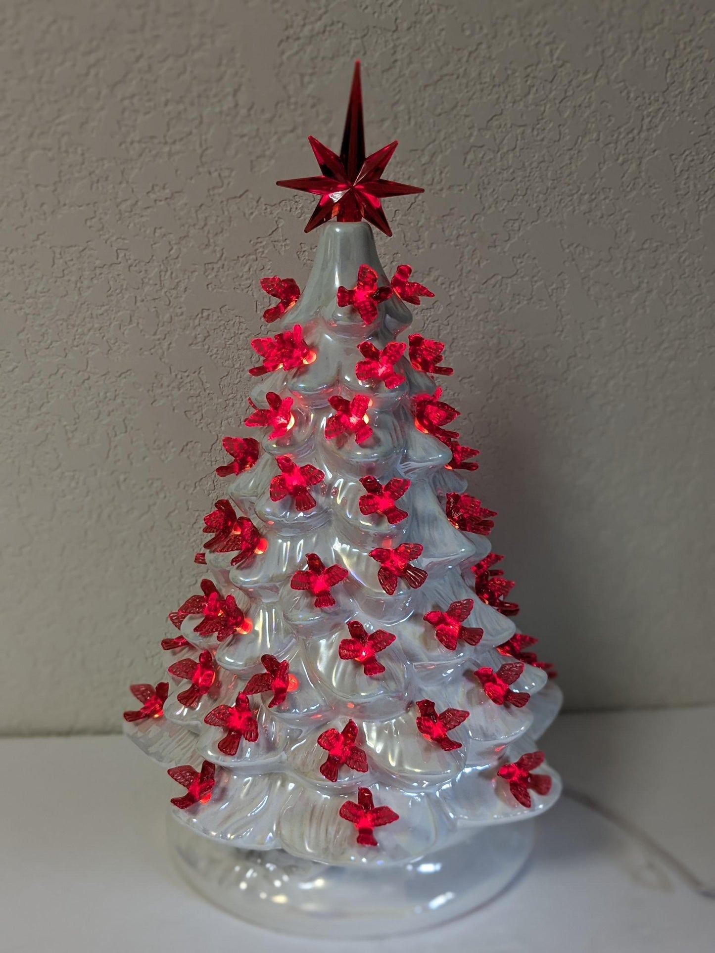 Ceramic Light Up Iridescent White with Red Dove Christmas Tree