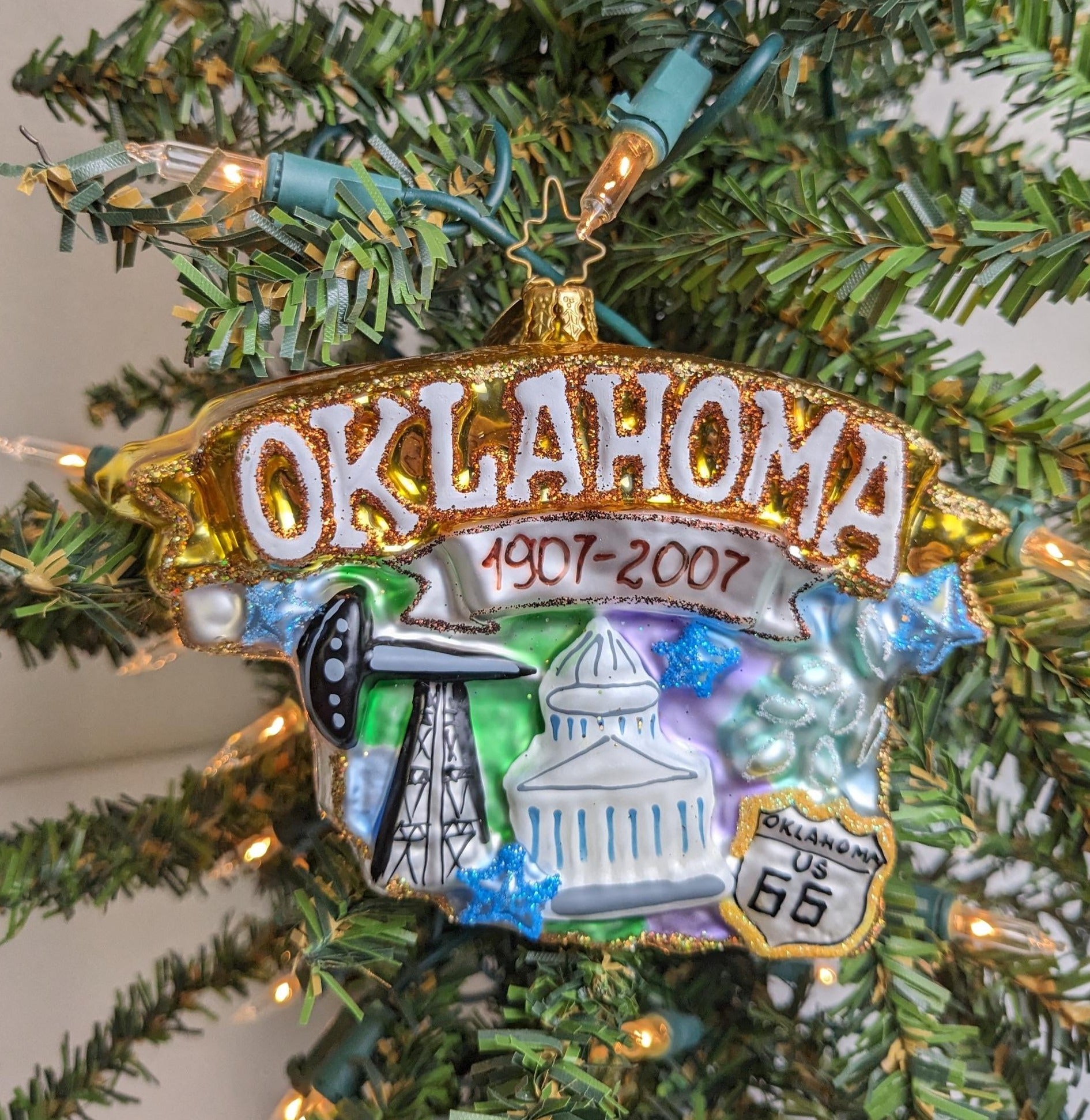 Oklahoma State Shape Handcrafted Glass Ornament from Christopher Radko Collection