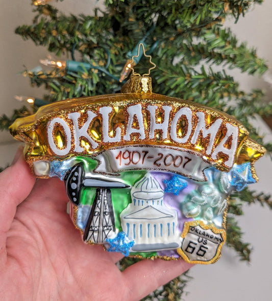 Oklahoma State Shape Handcrafted Glass Ornament from Christopher Radko Collection