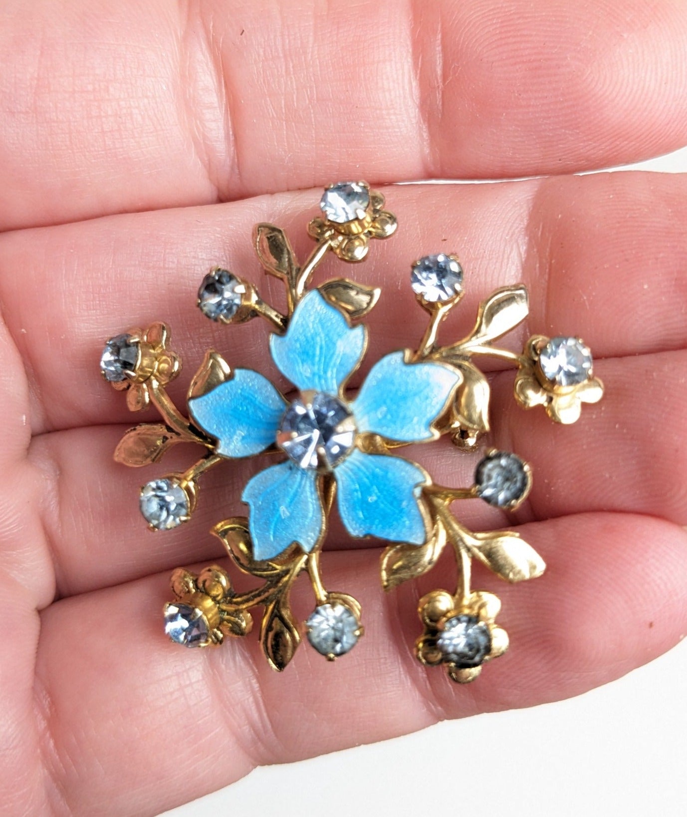 Vintage Jewelry Pink and Blue Gold Toned Floral Brooch Pins