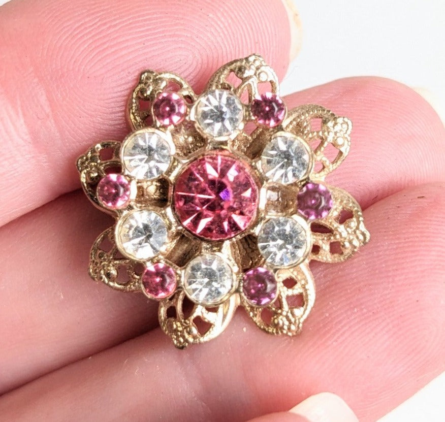 Vintage Jewelry Pink and Blue Gold Toned Floral Brooch Pins