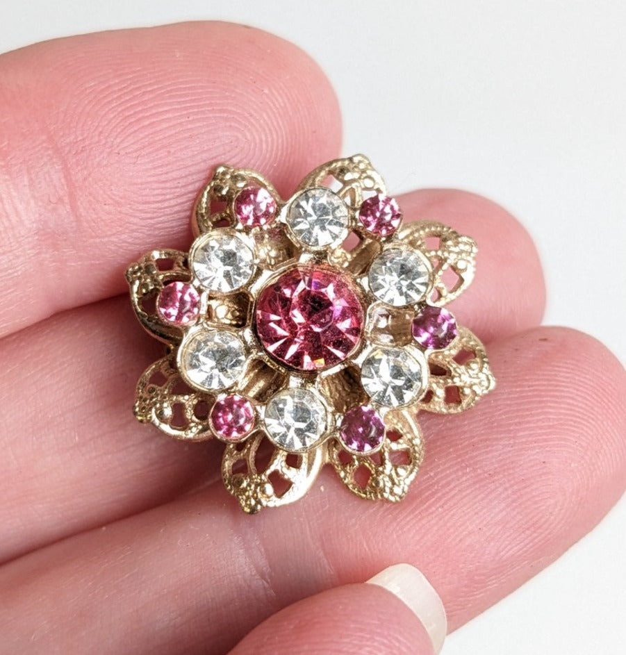 Vintage Jewelry Pink and Blue Gold Toned Floral Brooch Pins