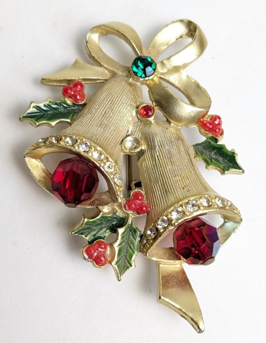 Vintage Jewelry Gold Toned Christmas Bells Brooch Pin