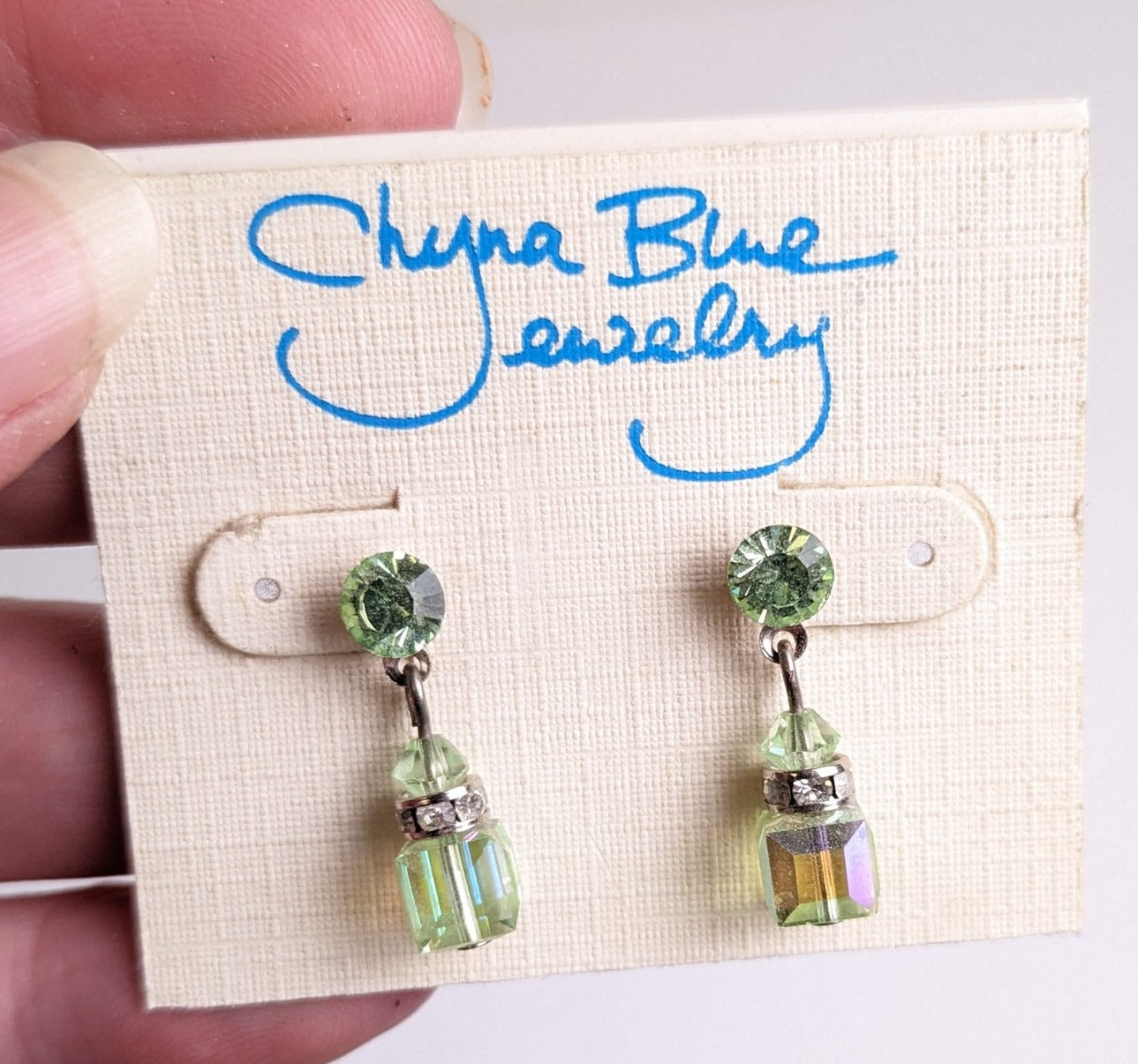 Vintage Dangle Iridescent Green Earrings for Pierced Ears