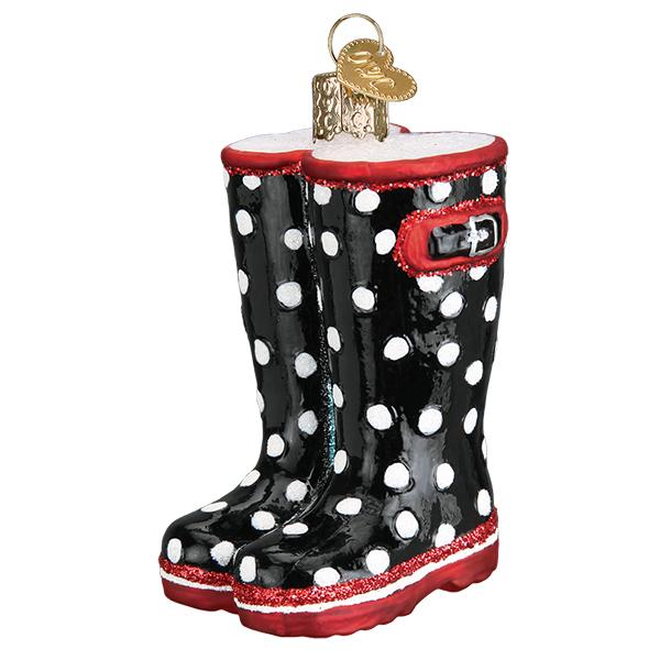 Black Rubber Rain Boots with Polkadots - Blown Glass Old World Christmas Ornament