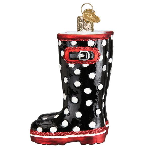 Black Rubber Rain Boots with Polkadots - Blown Glass Old World Christmas Ornament