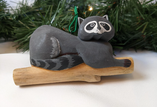 Vintage Hand Carved Raccoon Christmas Ornament