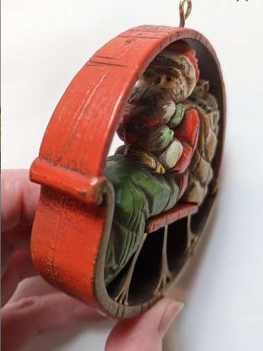 1975 Santa in Sleigh Christmas Ornament Faux Wood