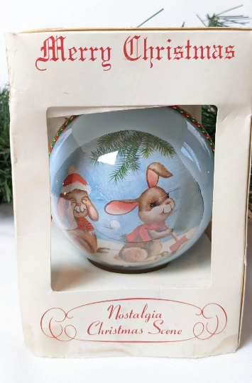 Vintage Kristy Bunny Christmas Scene Ornament